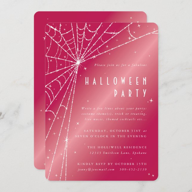 Chic Hot Pink Sparkling Spider Web Halloween Party Invitation (Front/Back)
