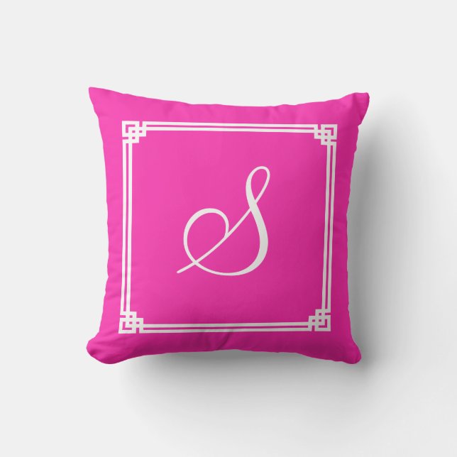 Chic Hot Pink Square Notched Border Monogrammed Cushion (Front)