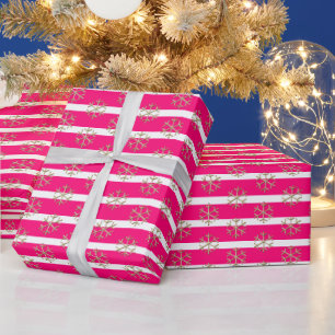 Chic hot pink white gold stripes and snowflakes wrapping paper