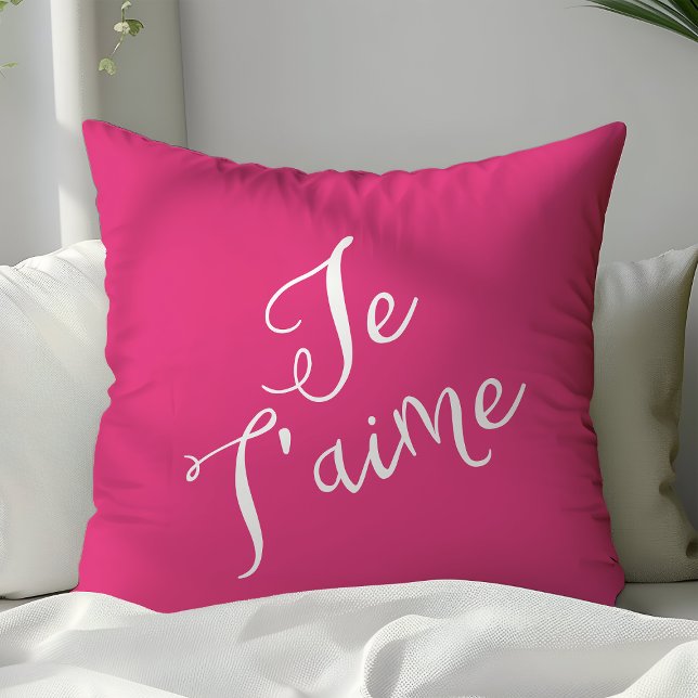 Chic Hot Pink & White Je T'aime French Typography Cushion (Creator Uploaded)