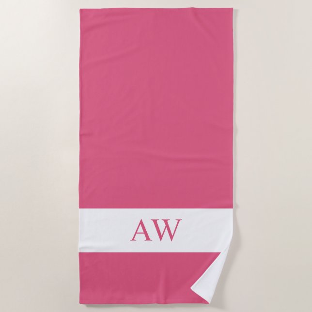 Chic Hot Pink White Monogrammed Beach Towel (Front)