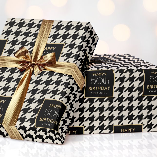 Chic Houndstooth Pattern Birthday 50th Off-white Wrapping Paper (Creator Uploaded)