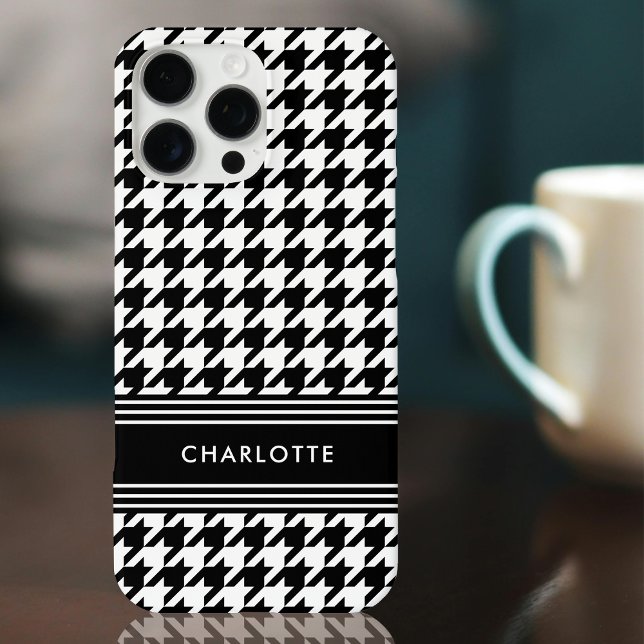 Chic Houndstooth Pattern Name Black White iPhone Case (Creator Uploaded)