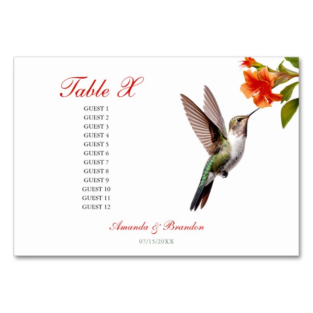Chic Hummingbird and Orange Flower Wedding Table Number (Front)