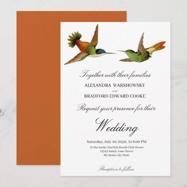 Chic Hummingbird wedding invitation Terracotta  (Front/Back)