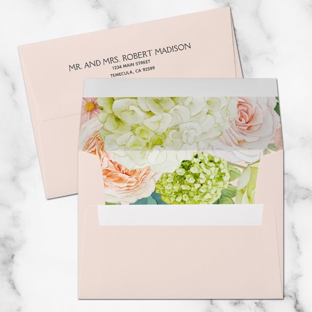 Chic Hydrangea Roses Floral Lined Pink Envelope (Creator Uploaded)