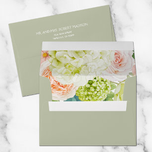 Chic Hydrangea Roses Floral Lined Sage Green Envelope