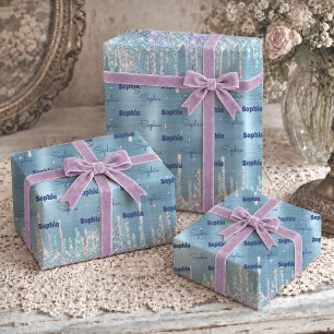 Chic Ice Blue Aqua Dripping Glitter Glam Wrapping Paper Sheet