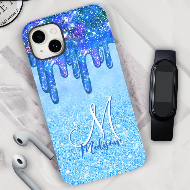 Chic ice blue ombre glitter drips monogram noteboo Case-Mate iPhone case (Creator Uploaded)