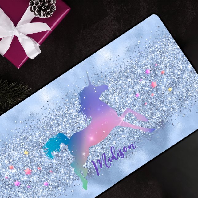 Chic ice blue unicorn glitter stars monogram desk mat (Creator Uploaded)