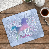 Chic ice blue unicorn glitter stars monogram