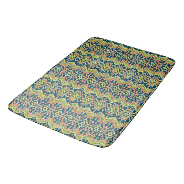 Chic Ikat Colorful Ethnic Pattern on Blue Bath Mat (Angled)