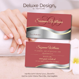 Chic Indian Red Wavy Silver Decor with Initials Business Card
