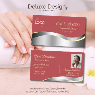 Chic Indian Red Wavy Silver Decor with Logo Photo Business Card