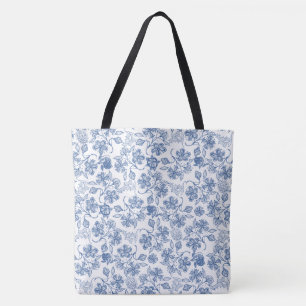 Chic Indigo Blue and White Floral Pattern Tote Bag