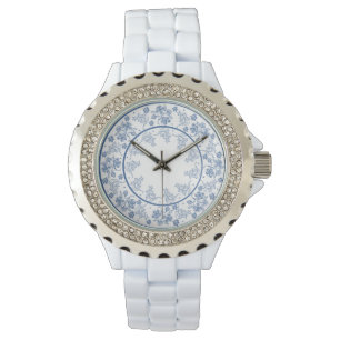 Chic Indigo Blue Floral Border Women's Wristwatch