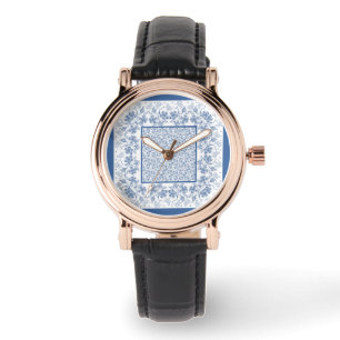 Chic Indigo Blue Floral Border Women's Wristwatch