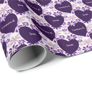 Chic Indigo Pink Blue Flower Patterned Hearts Wrapping Paper