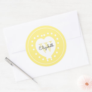 Chic Initial Letter Monogram Yellow White Heart Classic Round Sticker