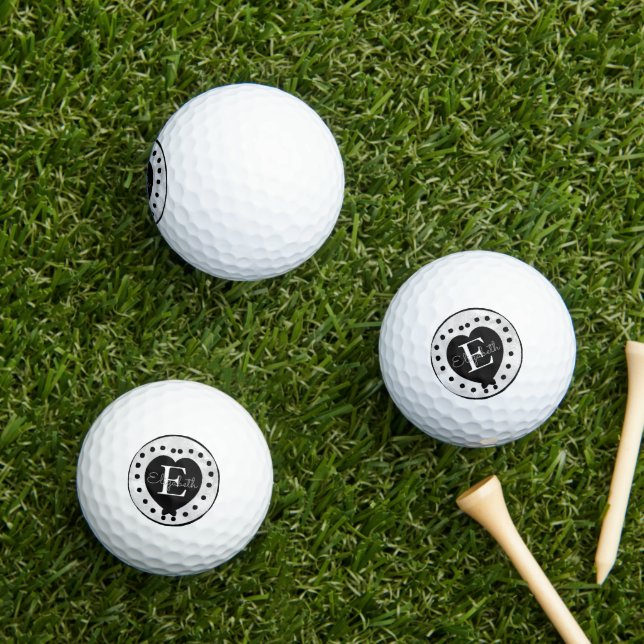 Chic Initial Monogram Black White Grey Heart Golf Balls (Insitu Grass)