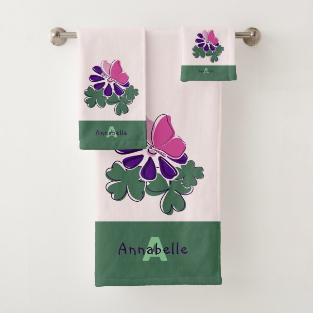 Chic Initial Name Green Blush Butterfly Flower Bath Towel Set (Insitu)