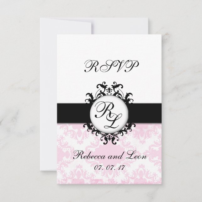 Chic Initials Pink Damask Wedding RSVP Card (Front)