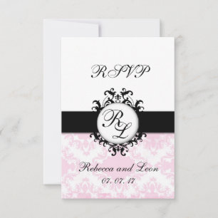 Chic Initials Pink Damask Wedding RSVP Card