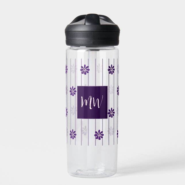 Chic Initials Script Font Violet Lines & Flowers Water Bottle (Front)