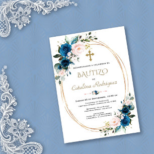 Chic Invitacion De Bautizo Gold Con Flores Baptism Invitation