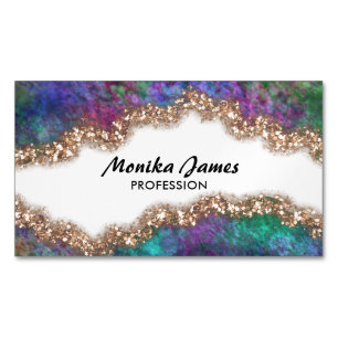 Chic Iridescent Blue Gold Faux Glitter Monogram Magnetic Business Card