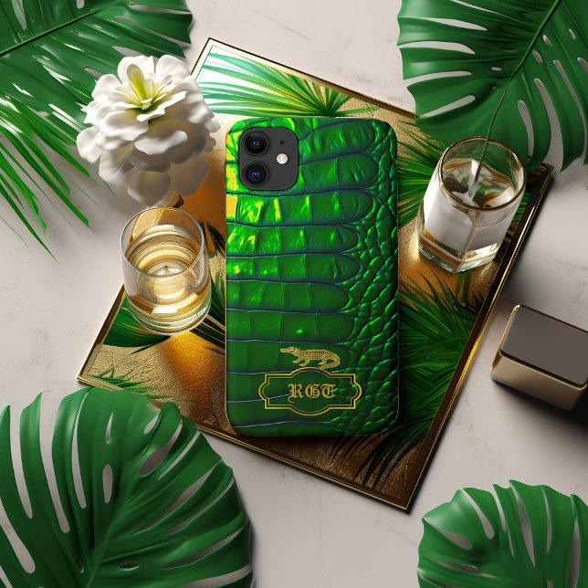 Chic Iridescent Green Faux Crocodile Monogrammed Case-Mate iPhone Case (Chic iPhone Case Cover in Faux Vivid Green Crocodile )