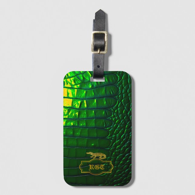 Chic Iridescent Green Faux Crocodile Monogrammed  Luggage Tag (Front Vertical)