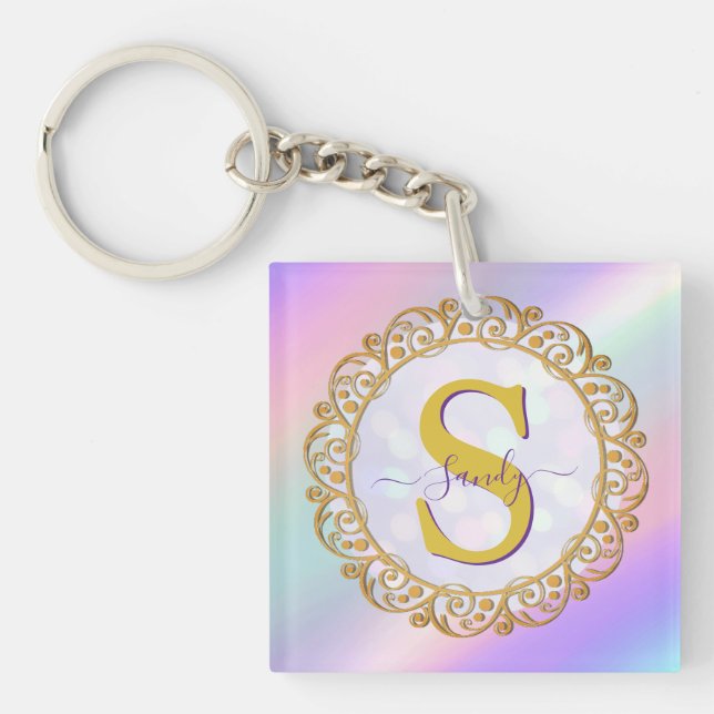 Chic Iridescent Initial With Gold Scrollwork Key Ring (Front)