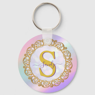 Chic Iridescent Initial With Gold Scrollwork Key Ring