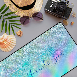 Chic iridescent ombre blue faux glitter desk mat