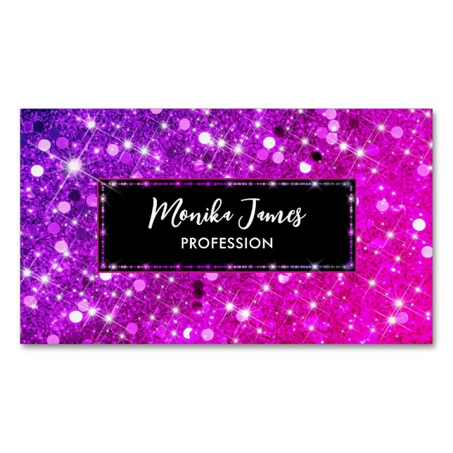 Chic Iridescent Pink Faux Glitter Monogram Magnetic Business Card (Front)