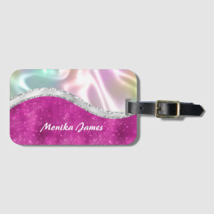 Chic Iridescent Pink Silver Faux Glitter Monogram Luggage Tag