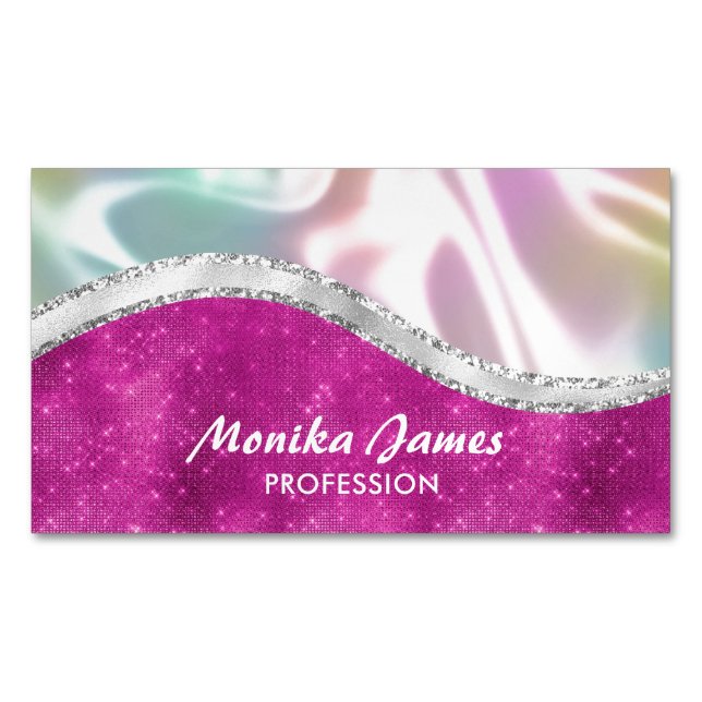 Chic Iridescent Pink Silver Faux Glitter Monogram Magnetic Business Card (Front)