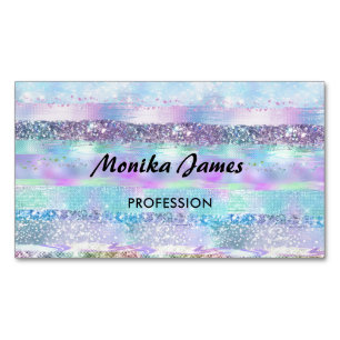 Chic Iridescent Pink Silver Faux Glitter Monogram Magnetic Business Card