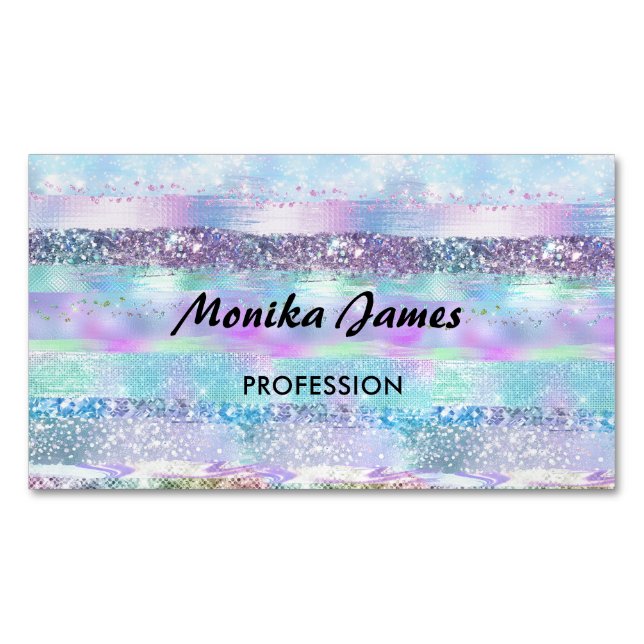 Chic Iridescent Pink Silver Faux Glitter Monogram Magnetic Business Card (Front)