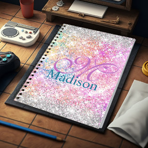 Chic iridescent pink silver faux glitter monogram notebook