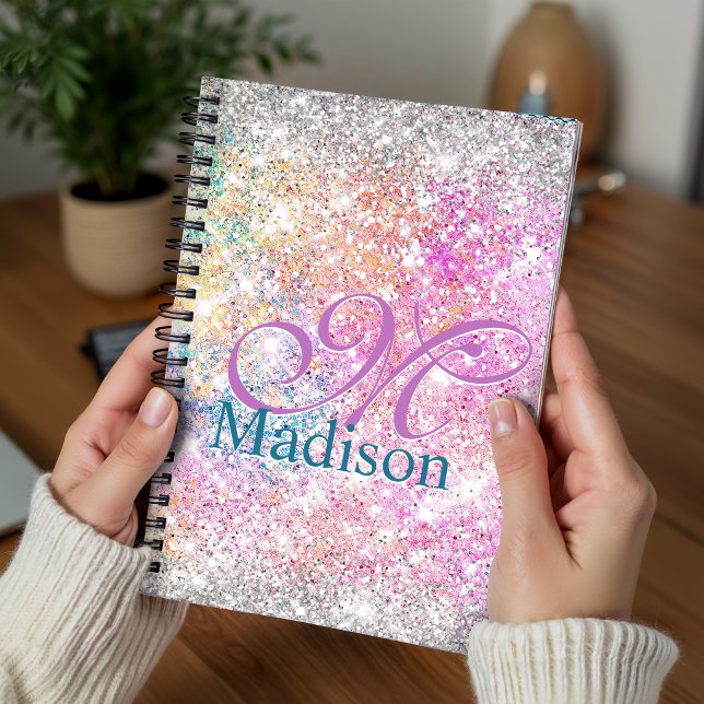 Chic iridescent pink silver faux glitter monogram notebook (Creator Uploaded)