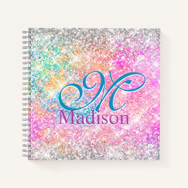Chic iridescent pink silver faux glitter monogram notebook (Front)