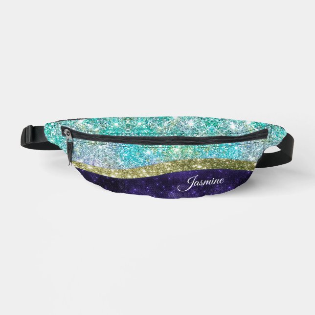 Chic iridescent purple blue faux glitter monogram bum bags (Front)