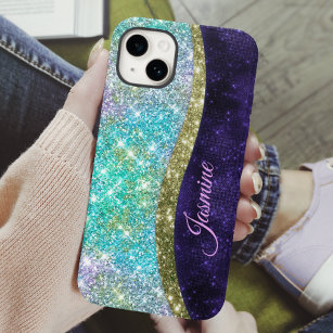 Chic iridescent purple blue faux glitter monogram Case-Mate iPhone 14 case
