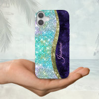 Chic iridescent purple blue faux glitter monogram