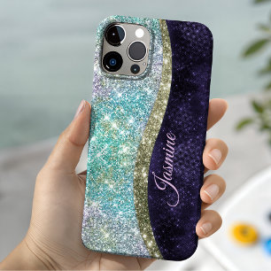 Chic iridescent purple blue faux glitter monogram iPhone 13 case