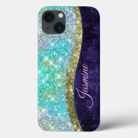 Chic iridescent purple blue faux glitter monogram