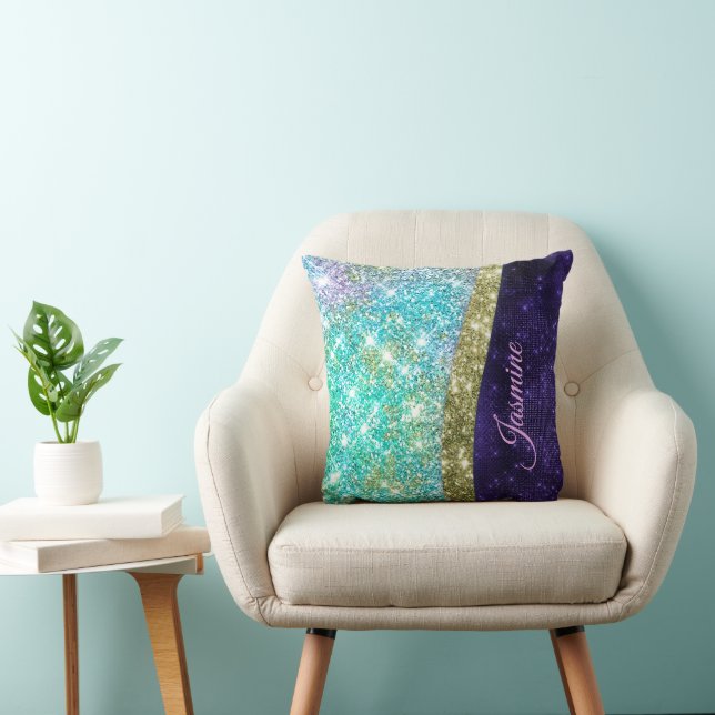 Chic iridescent purple blue faux glitter monogram cushion (Chair)