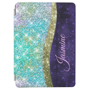 Chic iridescent purple blue faux glitter monogram iPad air cover